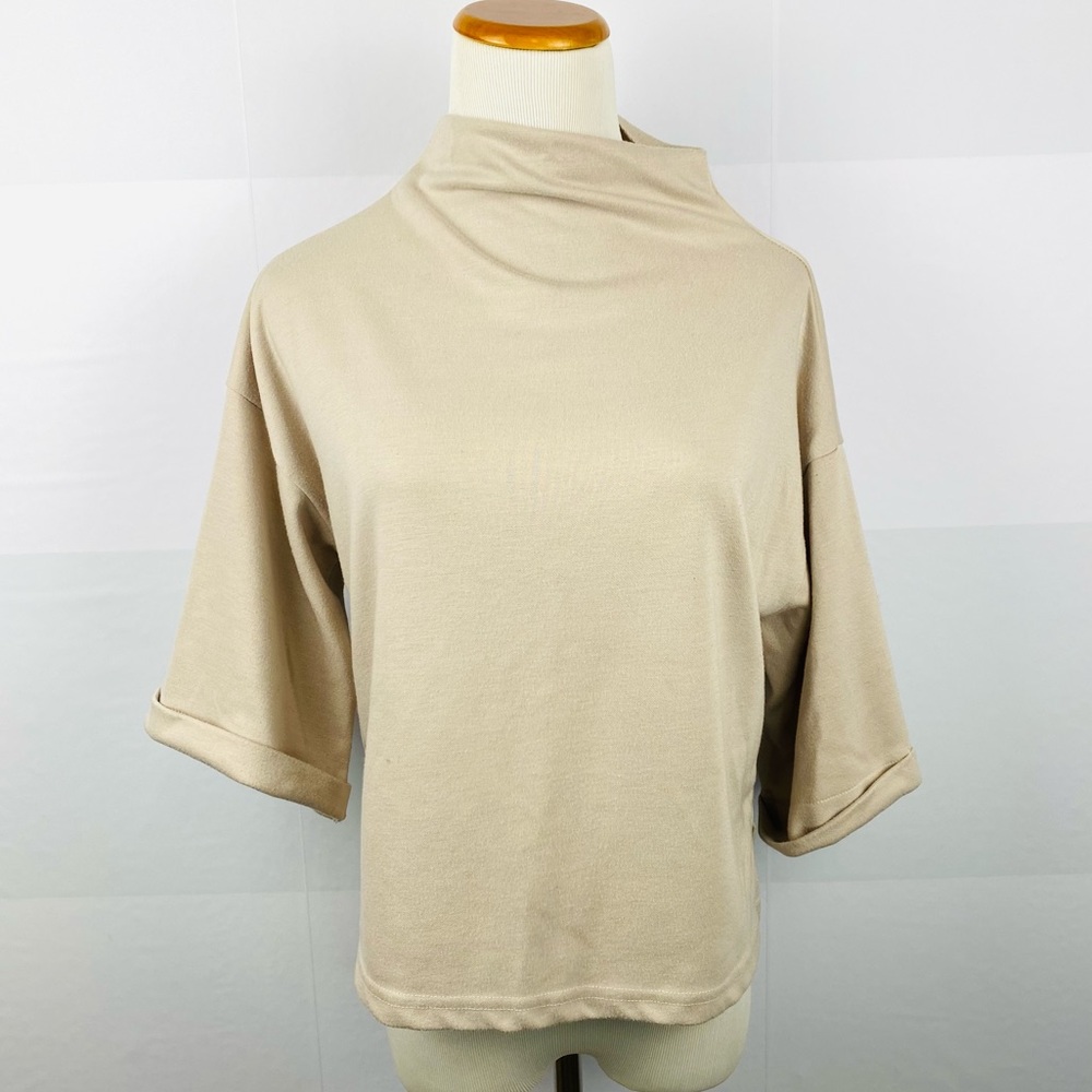 Trendy Mockneck Dolman Sleeves Gray Beige Top - Picture 3 of 10